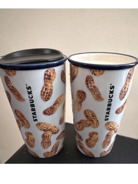 2 Starbucks White Ceramic Tumbler with Brown Peanut Pattern and Blue Rim